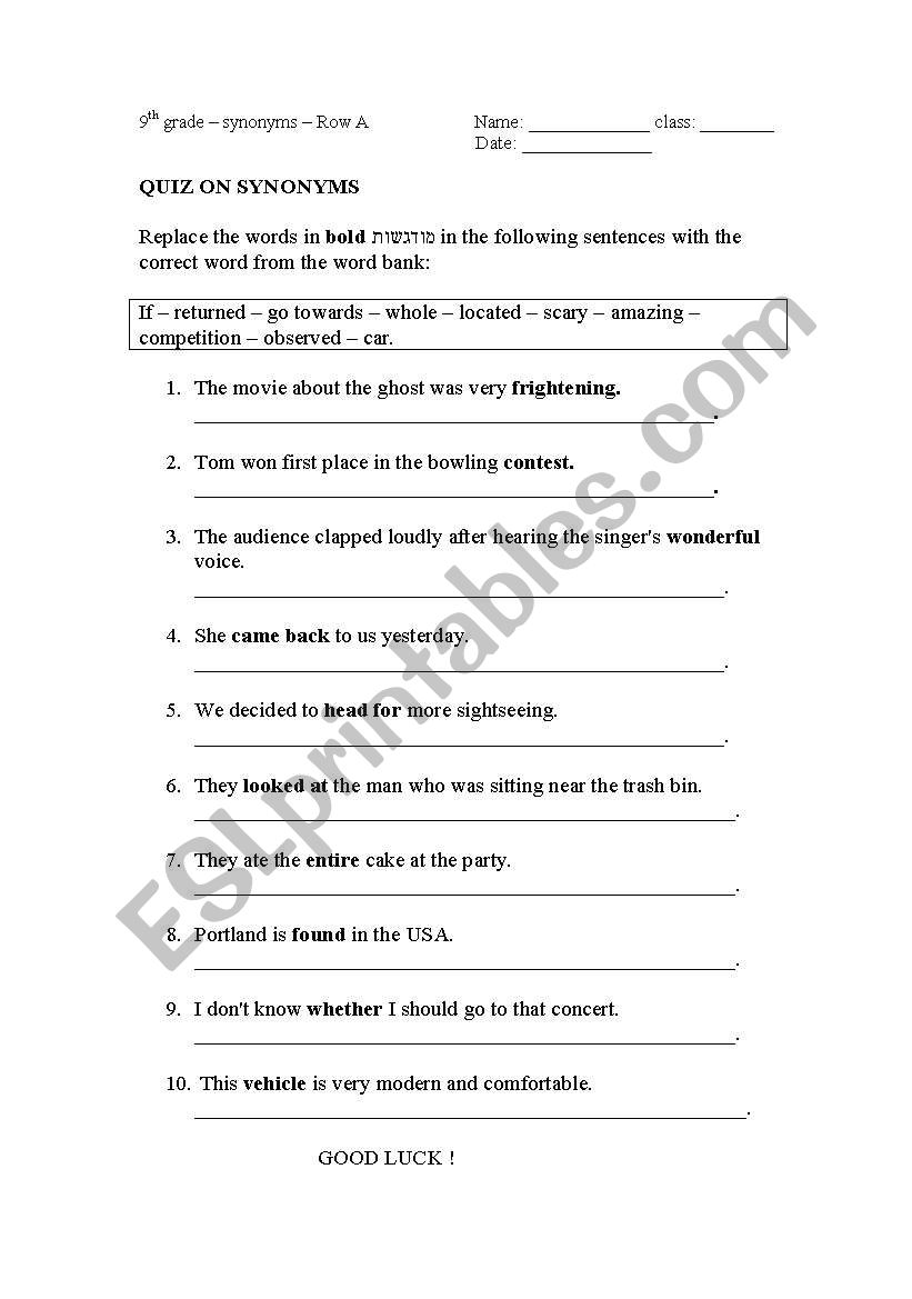 Synonyms worksheet