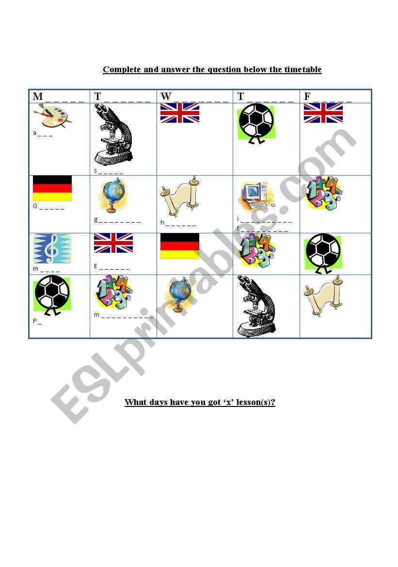 school subjects worksheet
