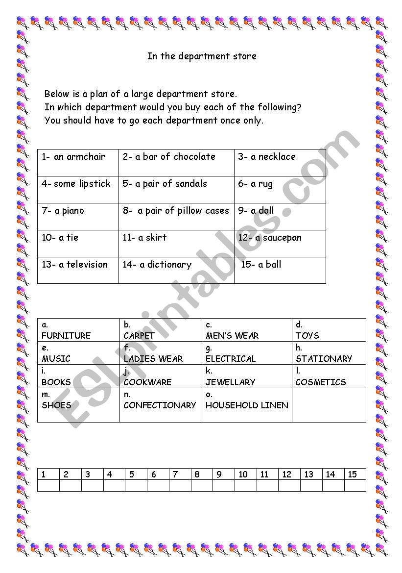 shopping worksheet