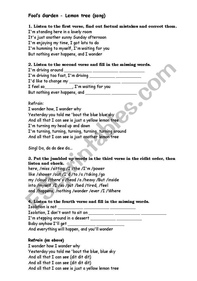 song Lemon tree worksheet