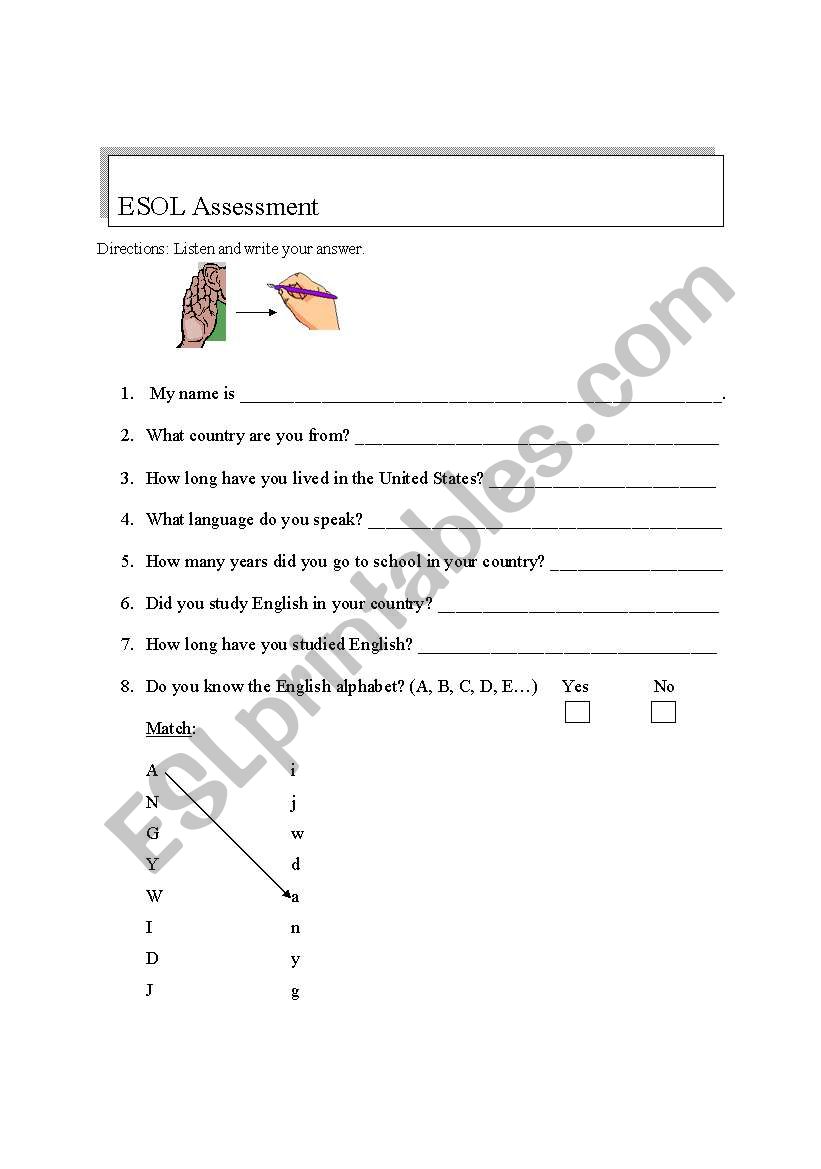 ESOL Assessment worksheet
