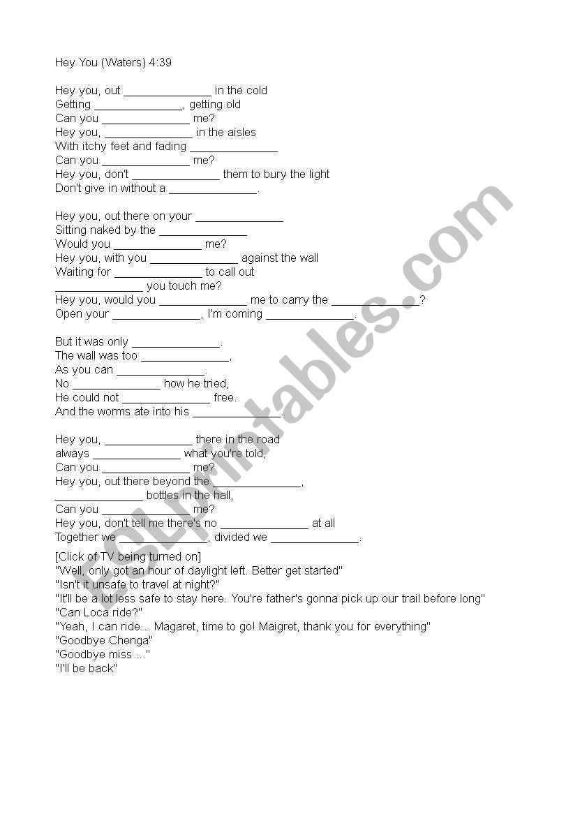 HEY YOU song gapfill worksheet