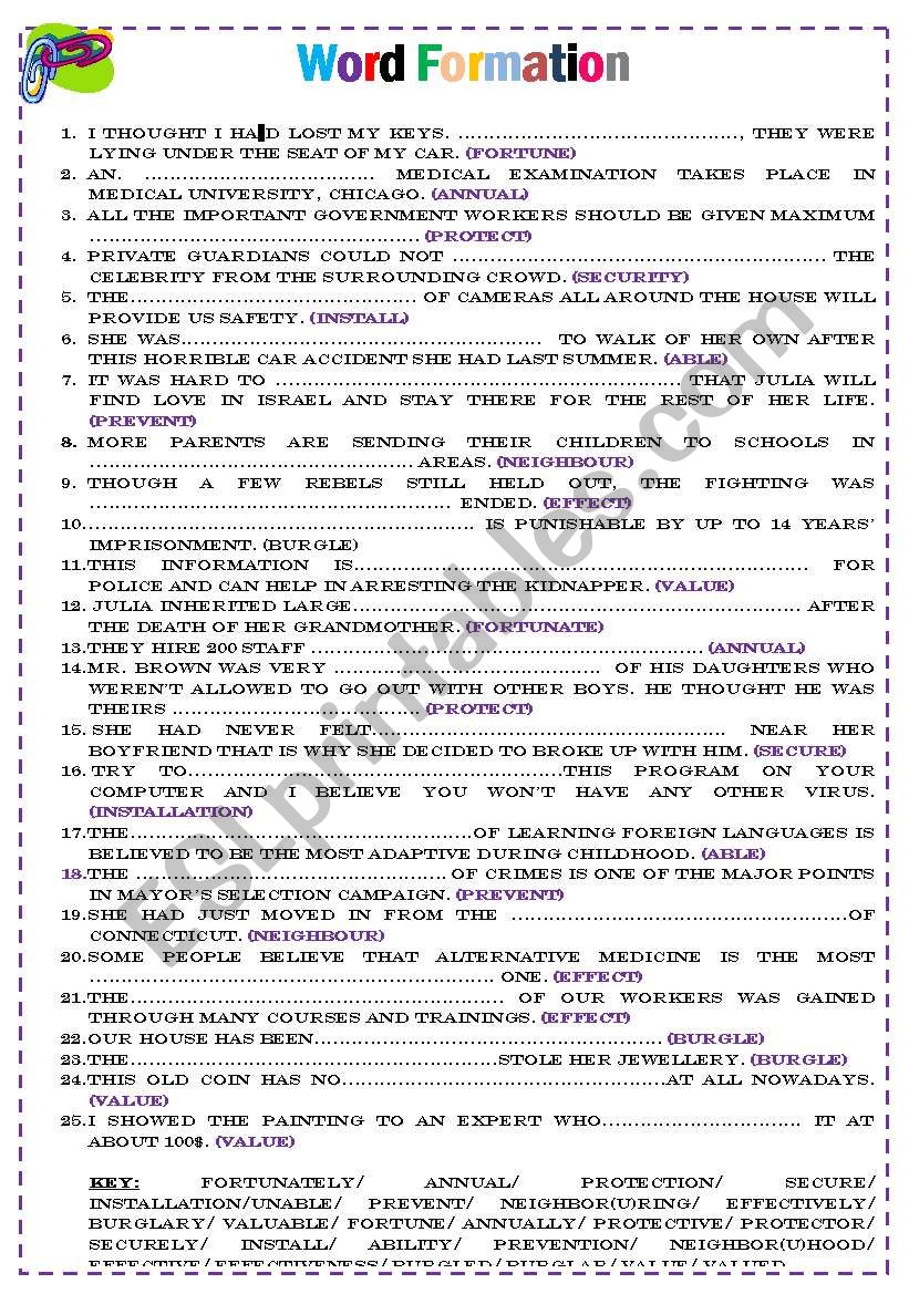 WORD FORMATION + KEY worksheet