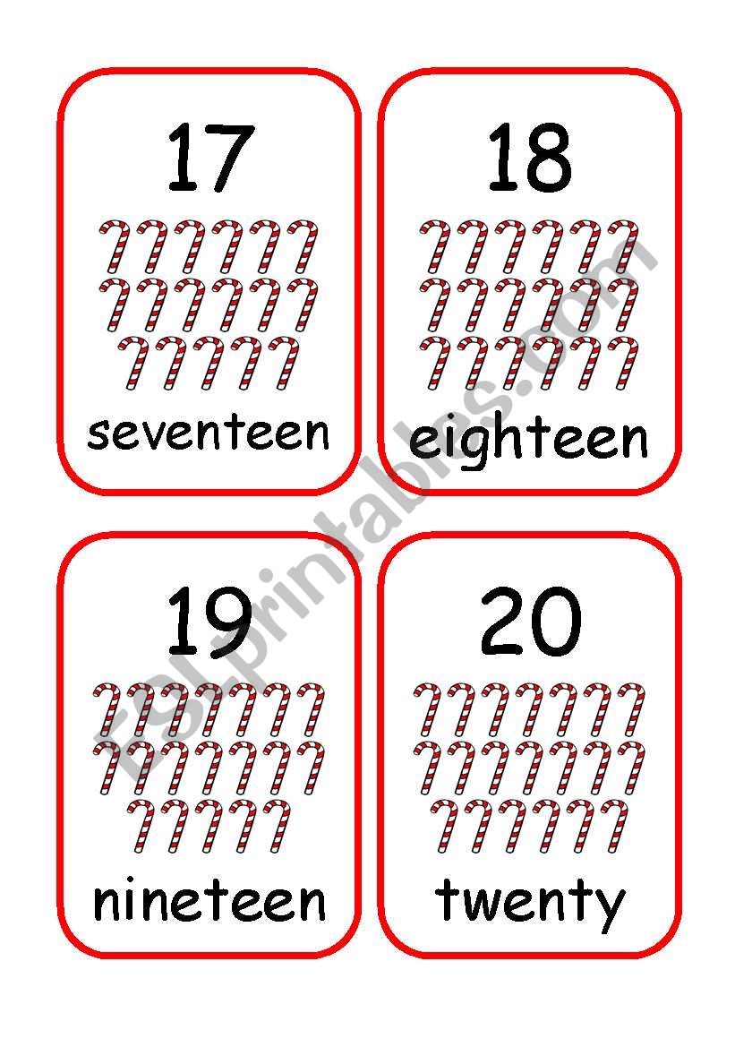 Numbers 17-20 flash cards worksheet