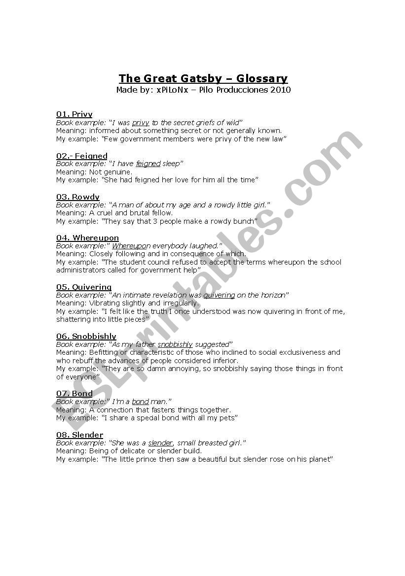 The Great Gatsby - Glossary 1 worksheet
