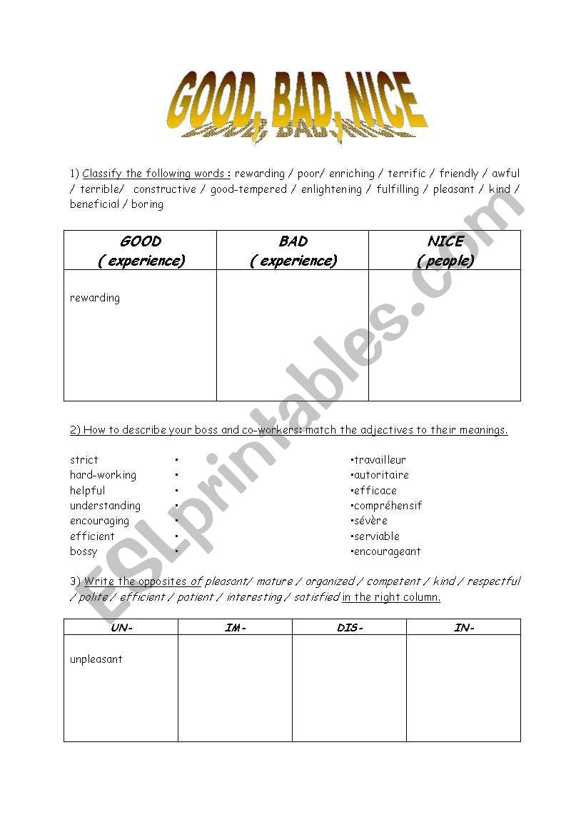 Adjectives Good Bad Nice worksheet