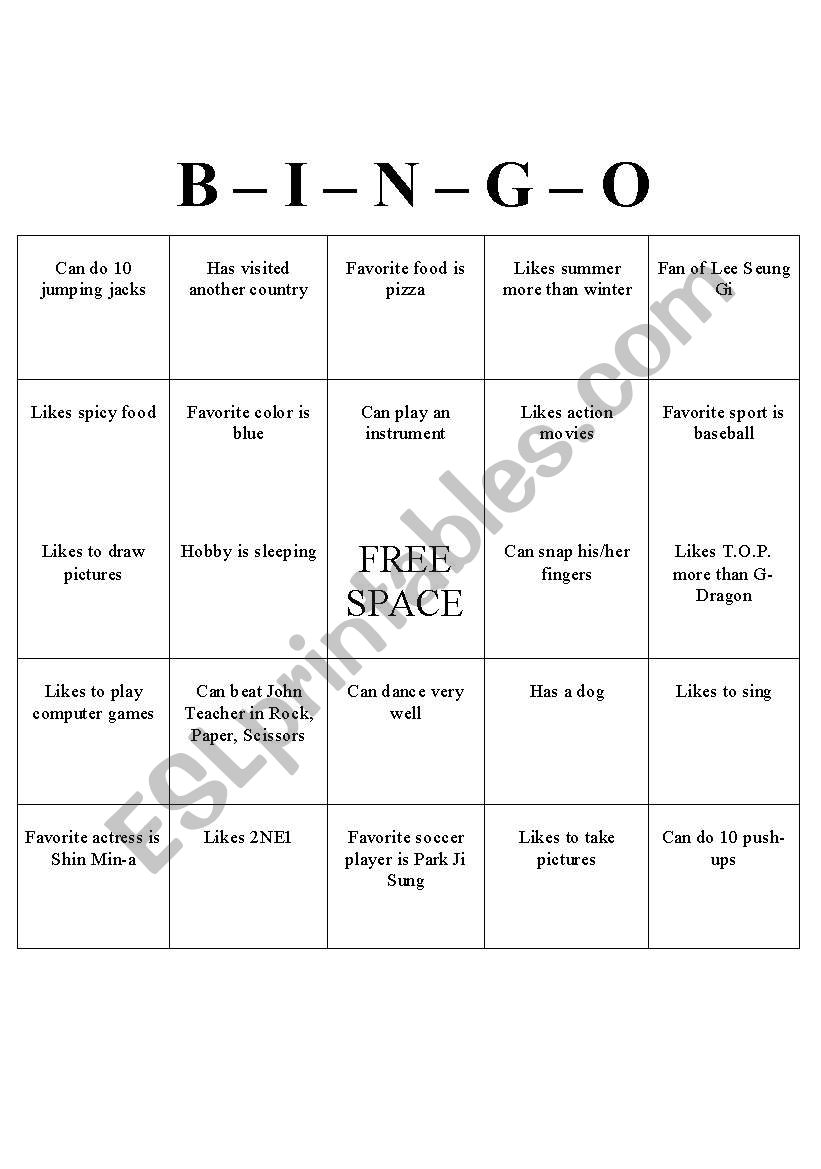 Human Bingo worksheet