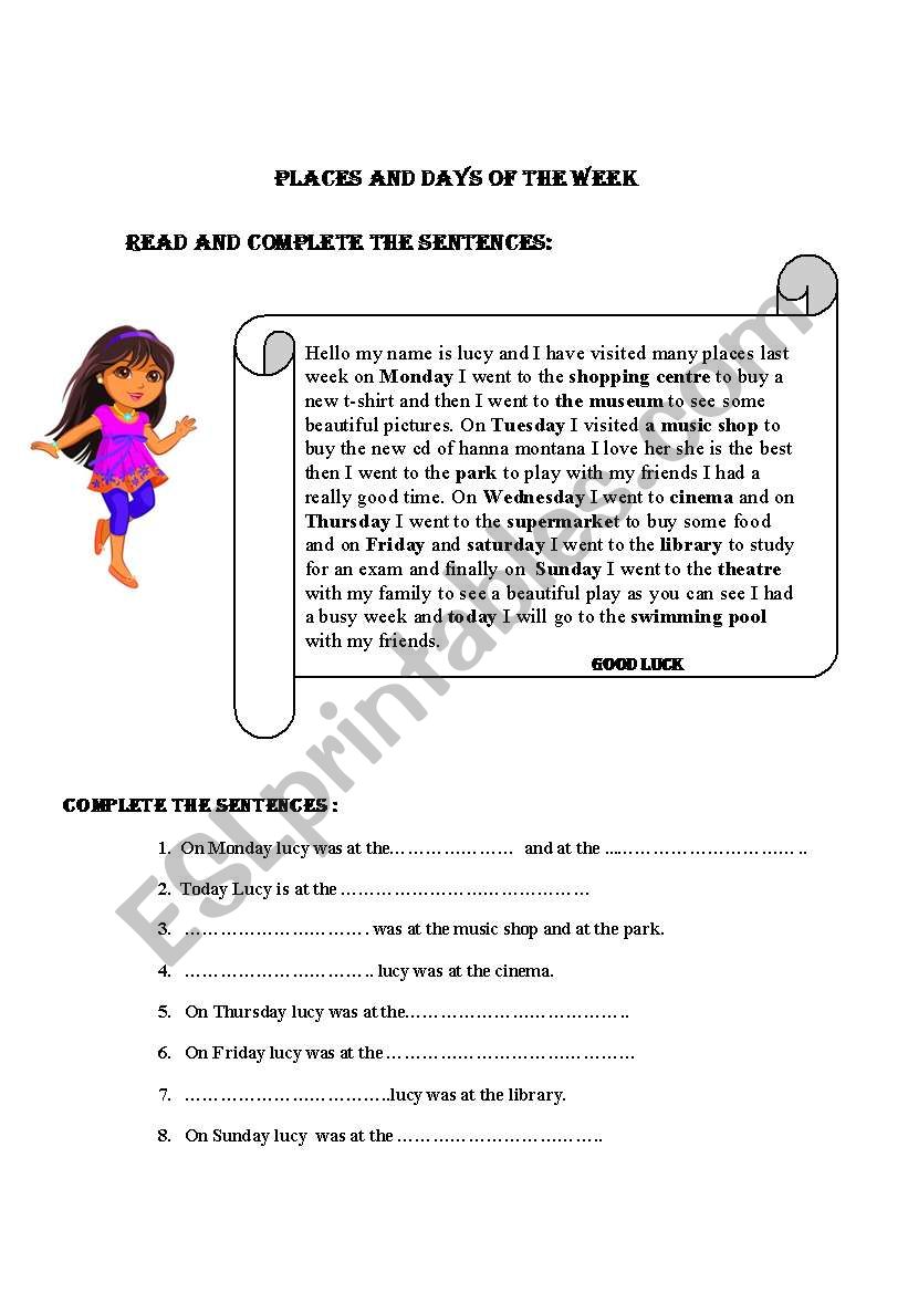 places and days of the week worksheet