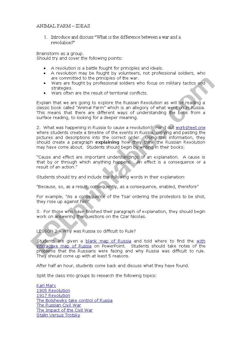 Unit of Work on Animal Farm worksheet