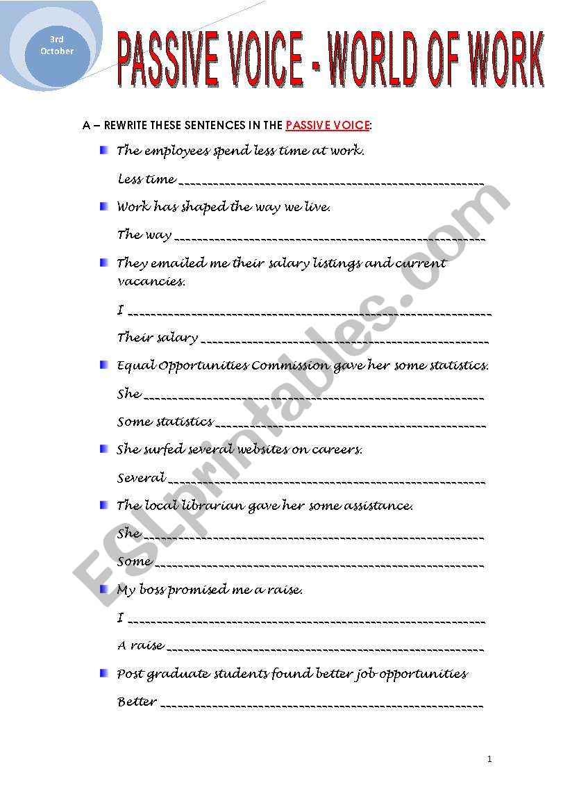 PASSIVE VOICE - WORLD OF WORK worksheet