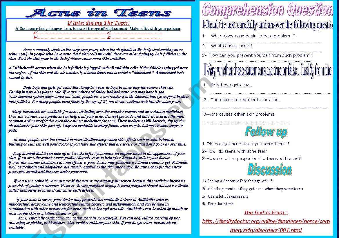Acne in Teens : Reading text worksheet