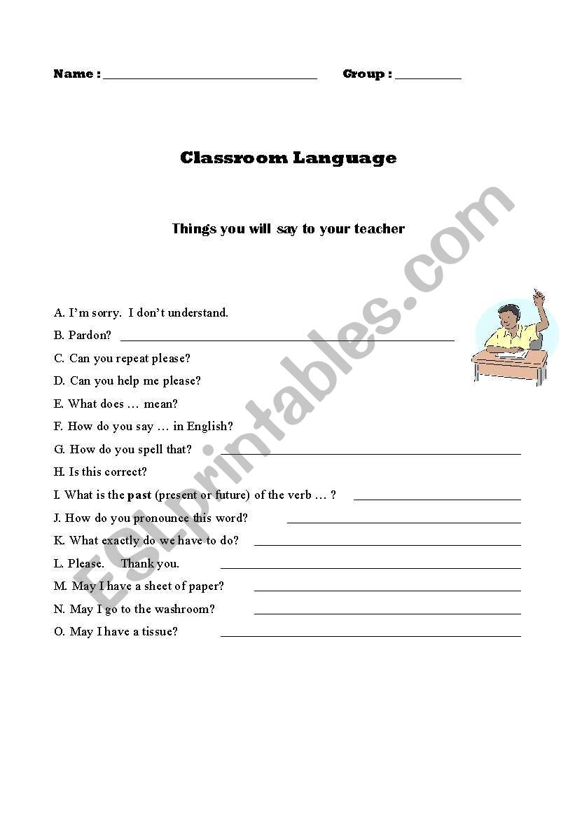 Classroom language worksheet