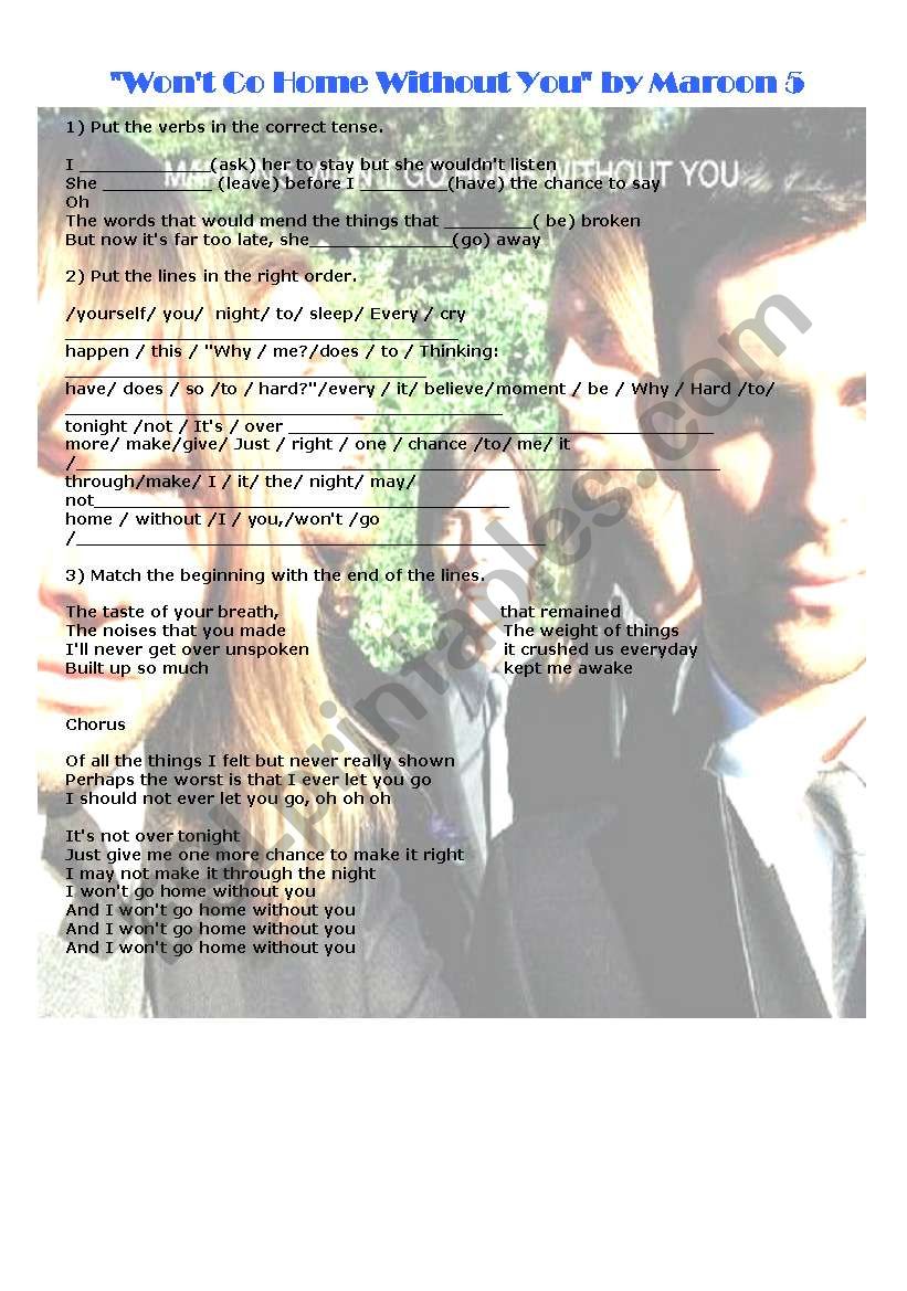 Wont go home by Maroon 5 worksheet