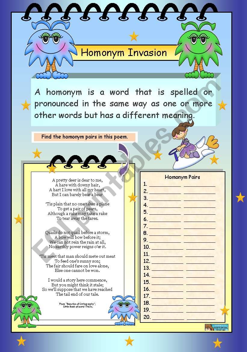 Homonym Invasion worksheet