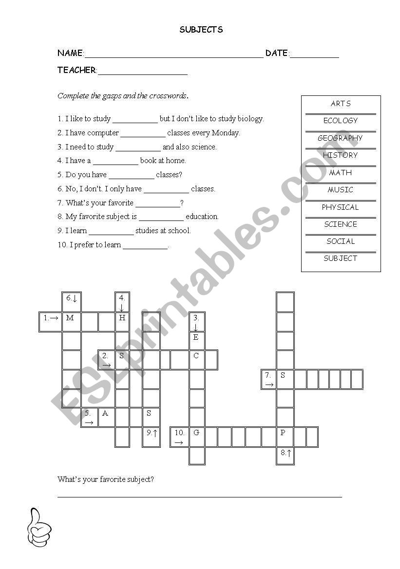 School Subjects worksheet