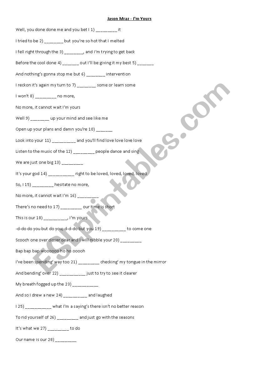 Song: Im yours worksheet