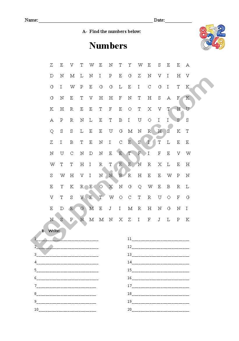 Numbers word hunt worksheet