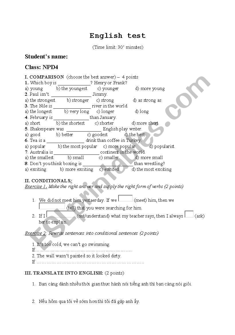 English test worksheet