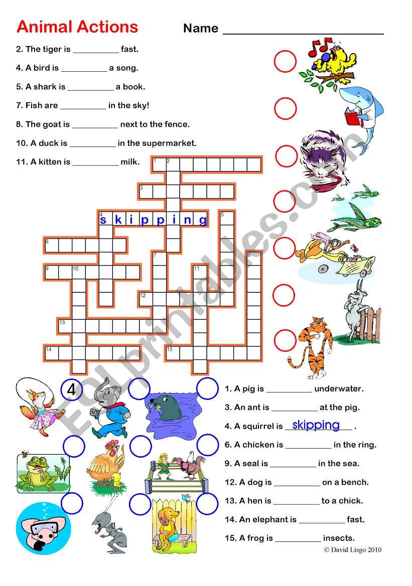 Animal Actions 1 and 2: Crossword and Word Search with keys