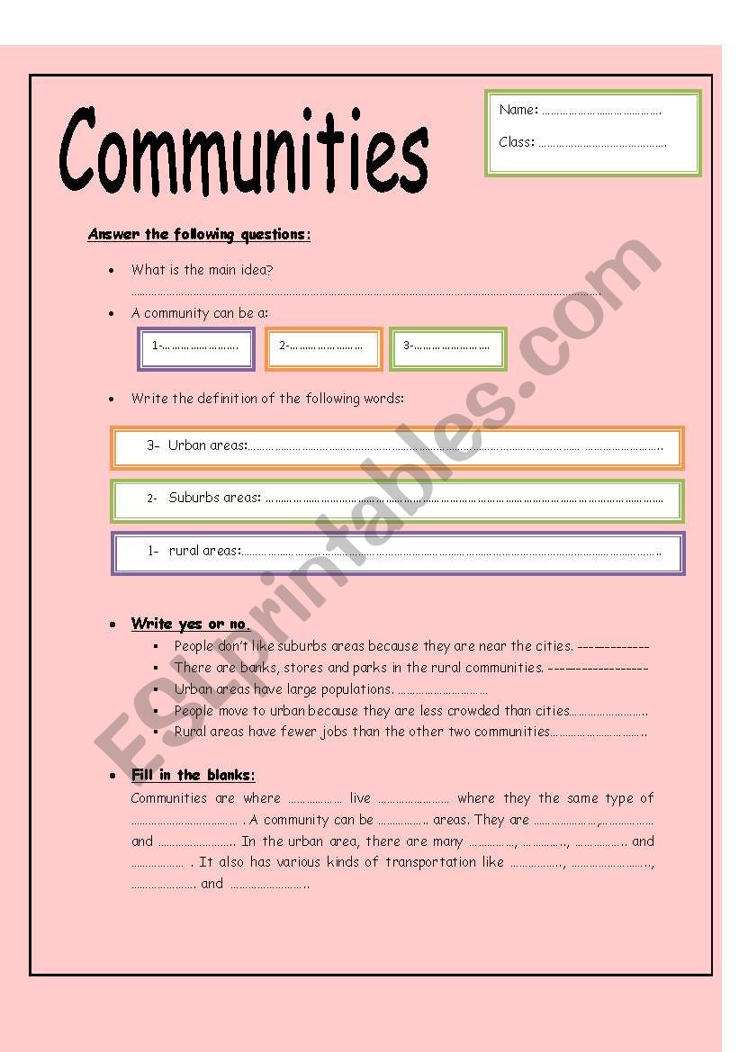 Communities worksheet