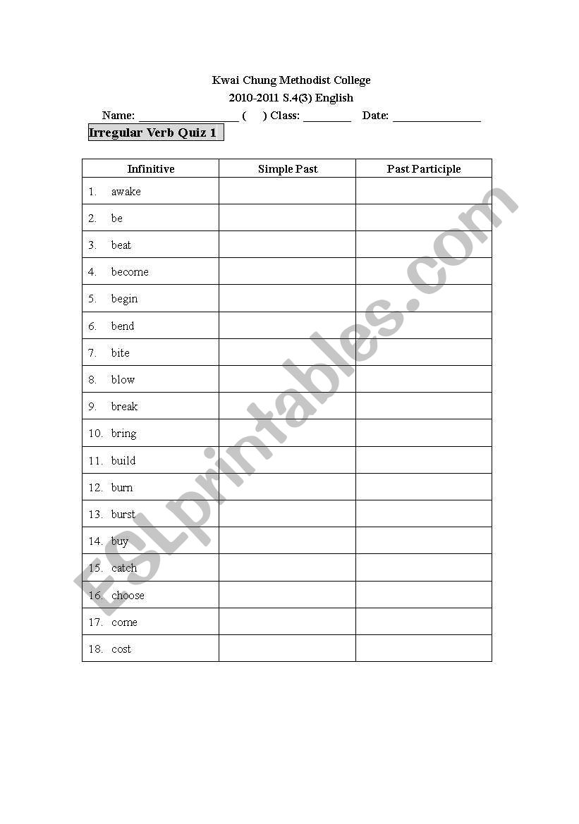 Irregular verbs  worksheet