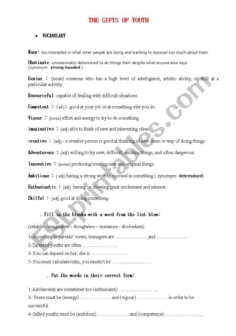 Talented youth worksheet