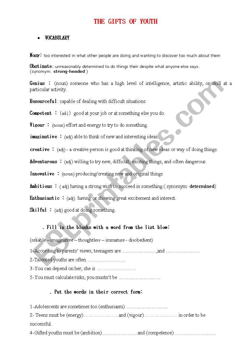Talented youth worksheet