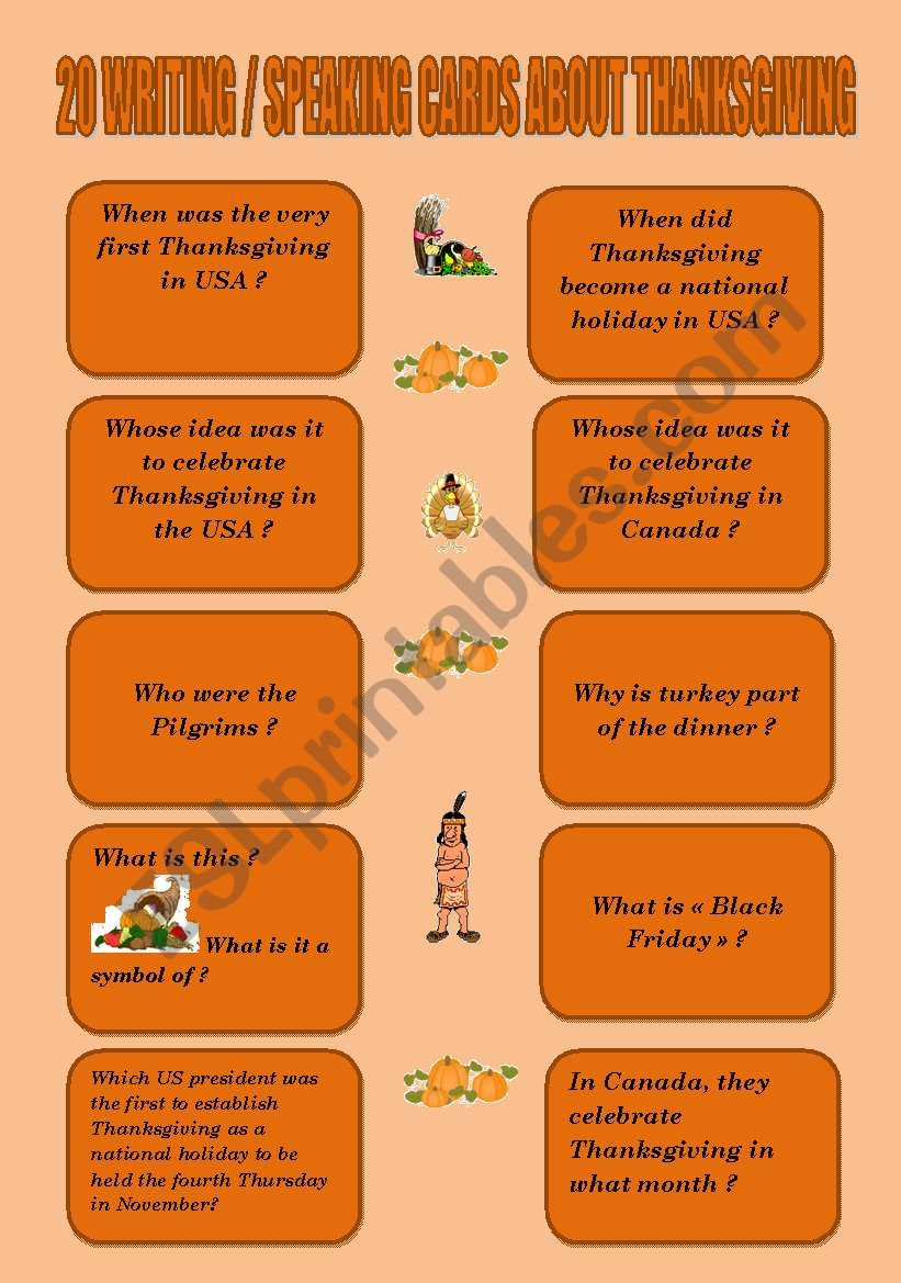 20 WRITING/SPEAKING CARDS ABOUT THANKSGIVING + KEY