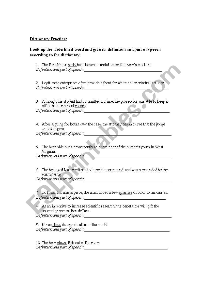 dictionary practice worksheet