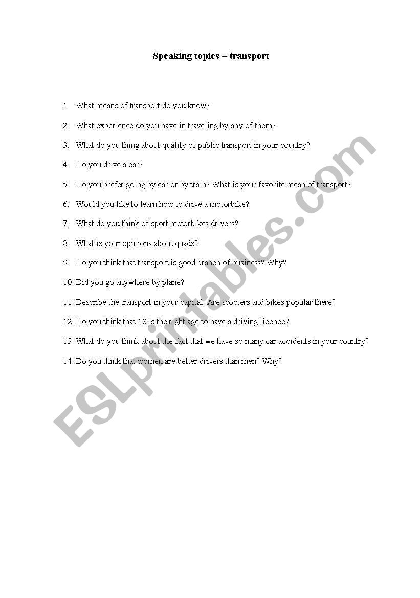 Speaking topics transport worksheet