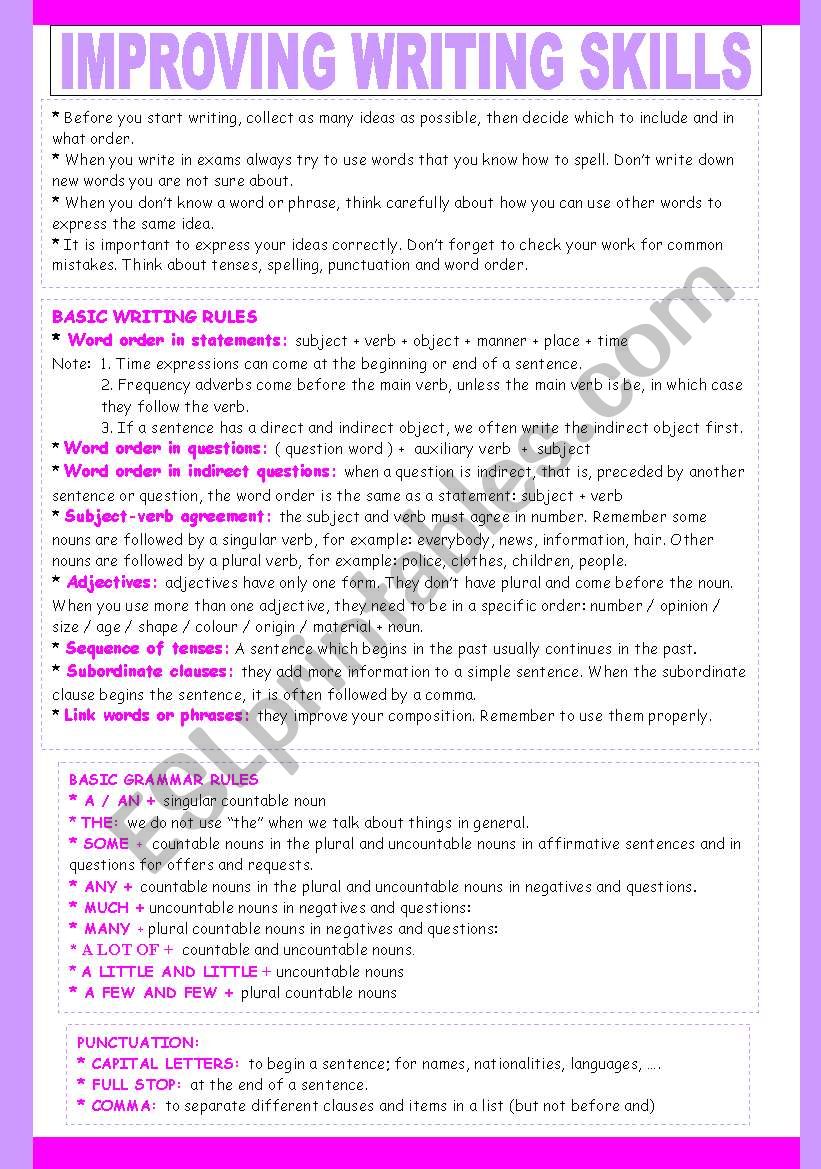 IMPROVING WRITING SKILLS 1/2 worksheet