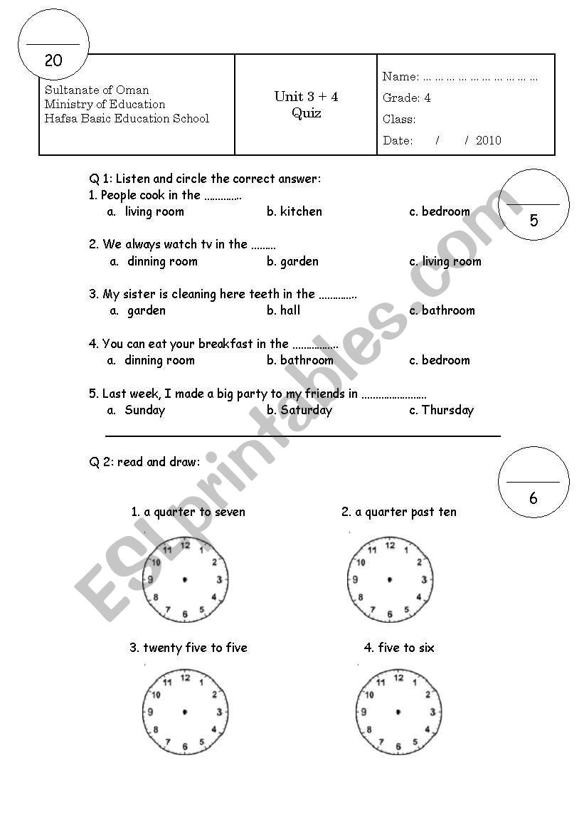 short quiz for grade 4 worksheet