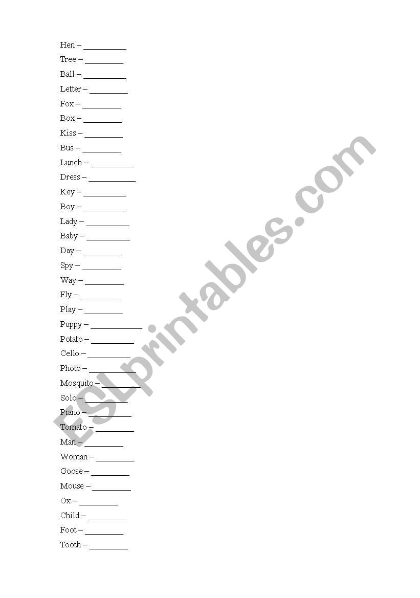 Plural noun worksheet