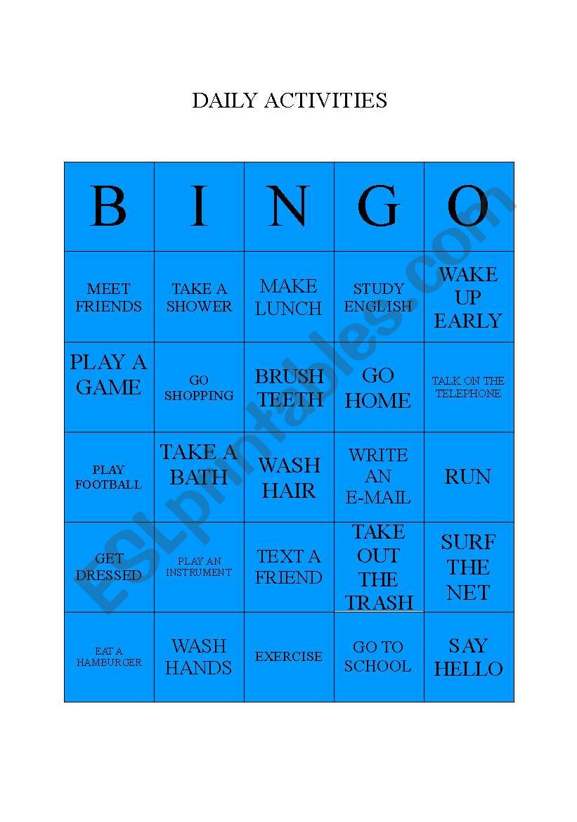 daily activities bingo worksheet