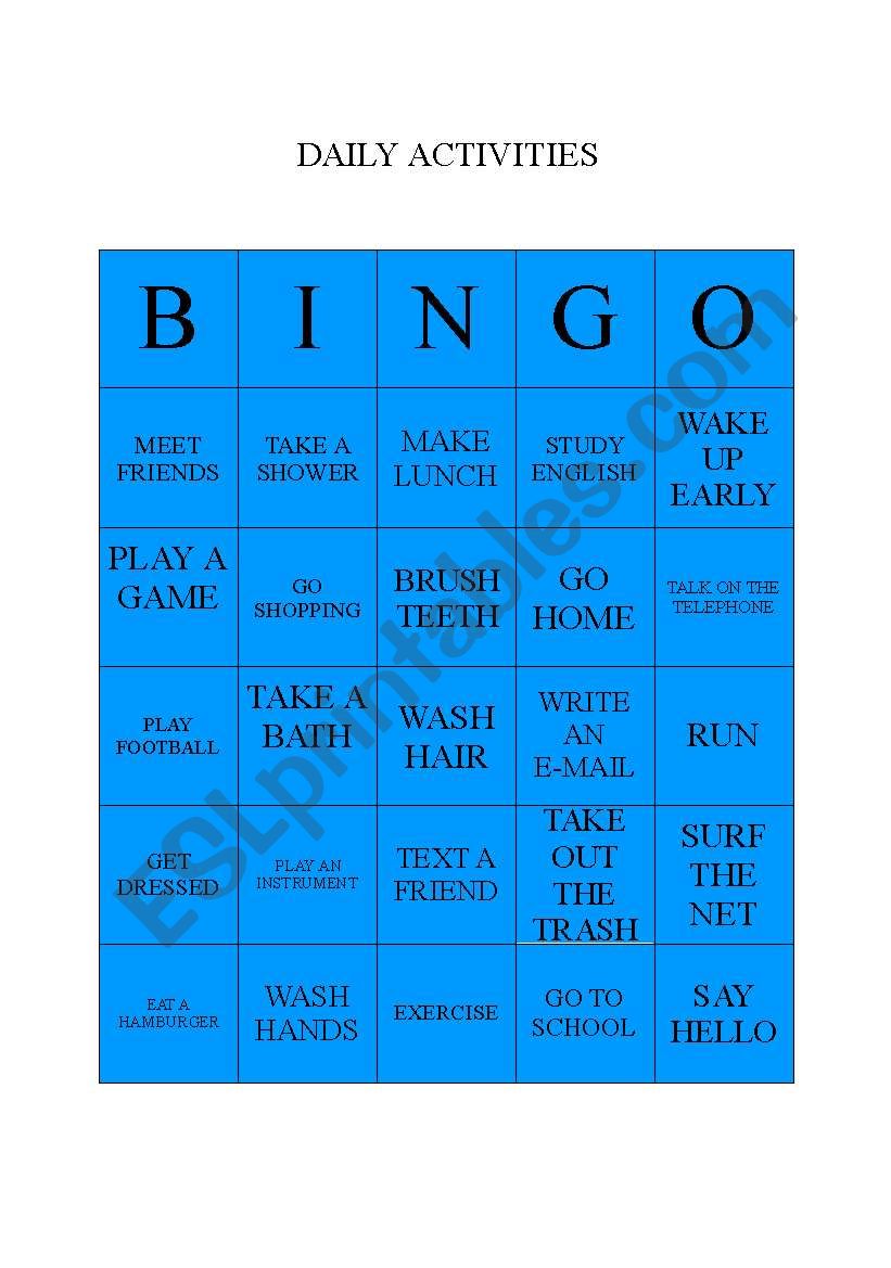 daily activities bingo worksheet