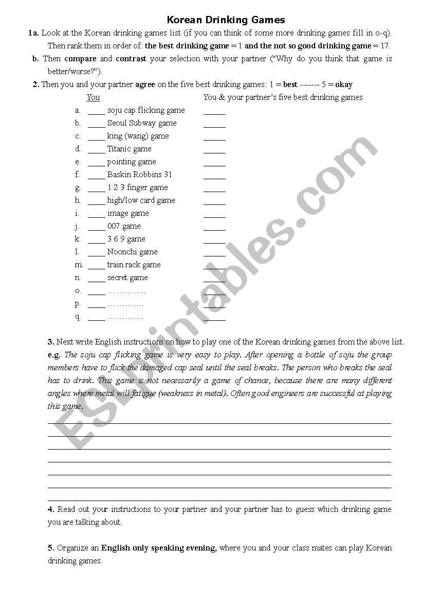Korean Drinking Games worksheet