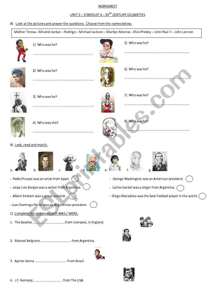 20th century celebrities worksheet