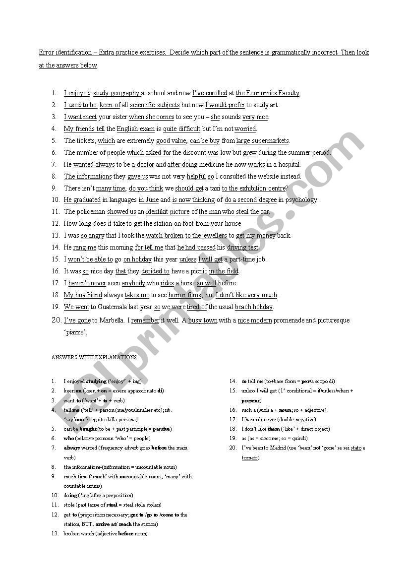 error identification worksheet