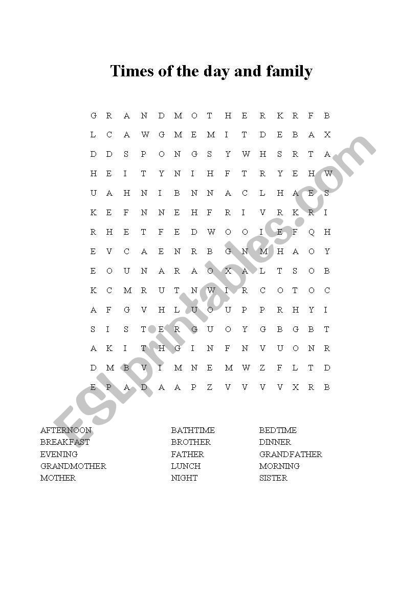 wordsearch with times of the day and family