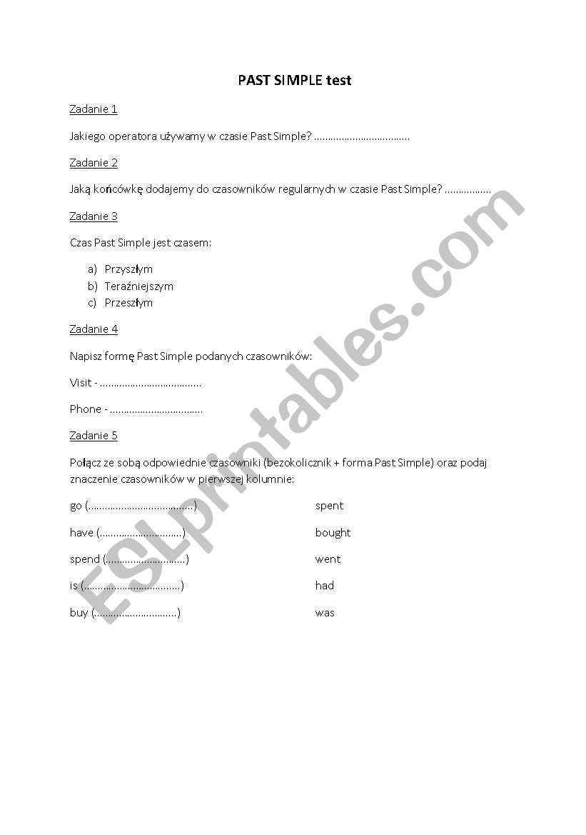 Past Simple test worksheet