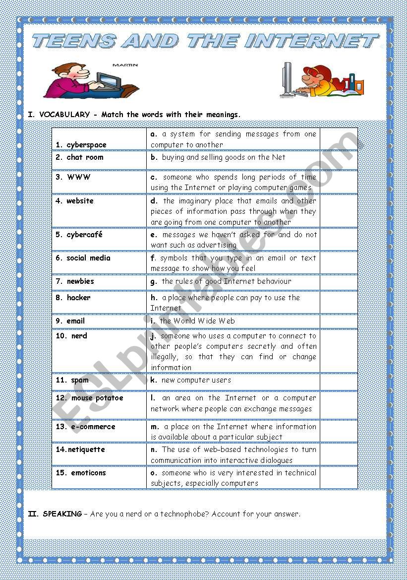 TEENS AND THE INTERNET worksheet