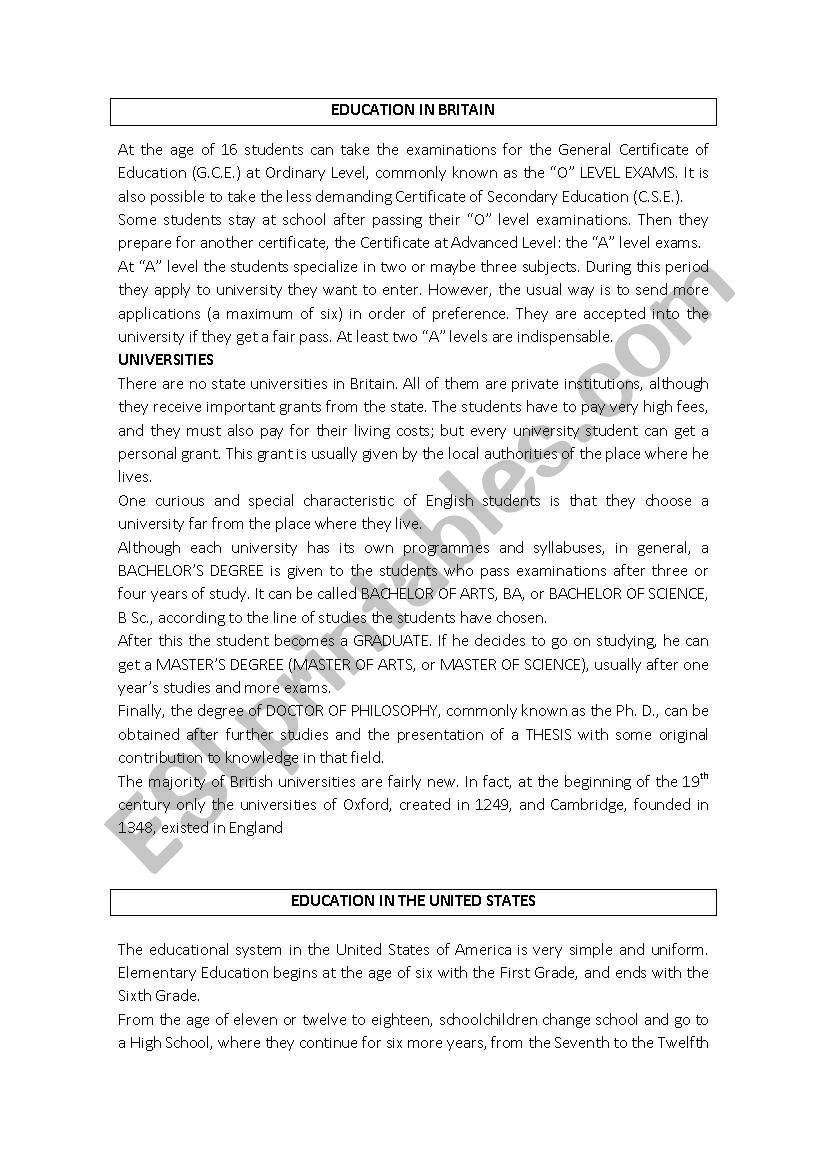 education in UK and USA worksheet