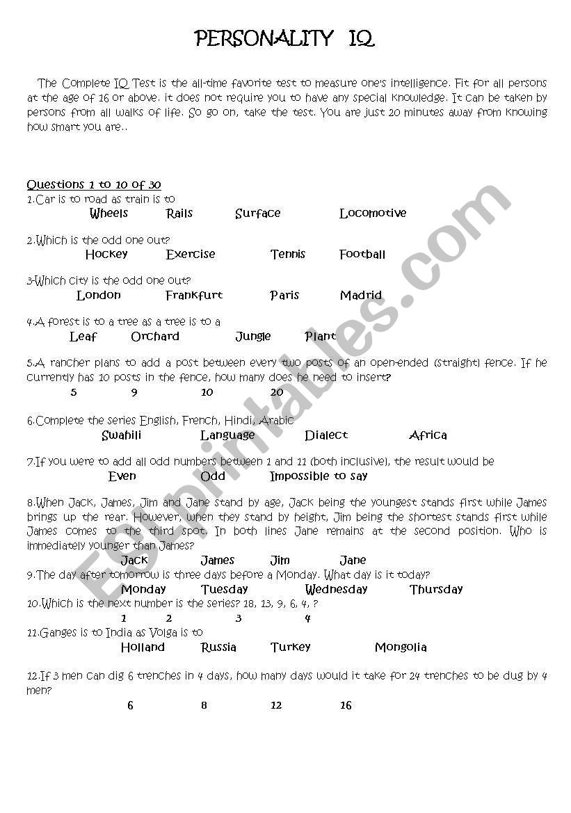 Personality IQ test  worksheet