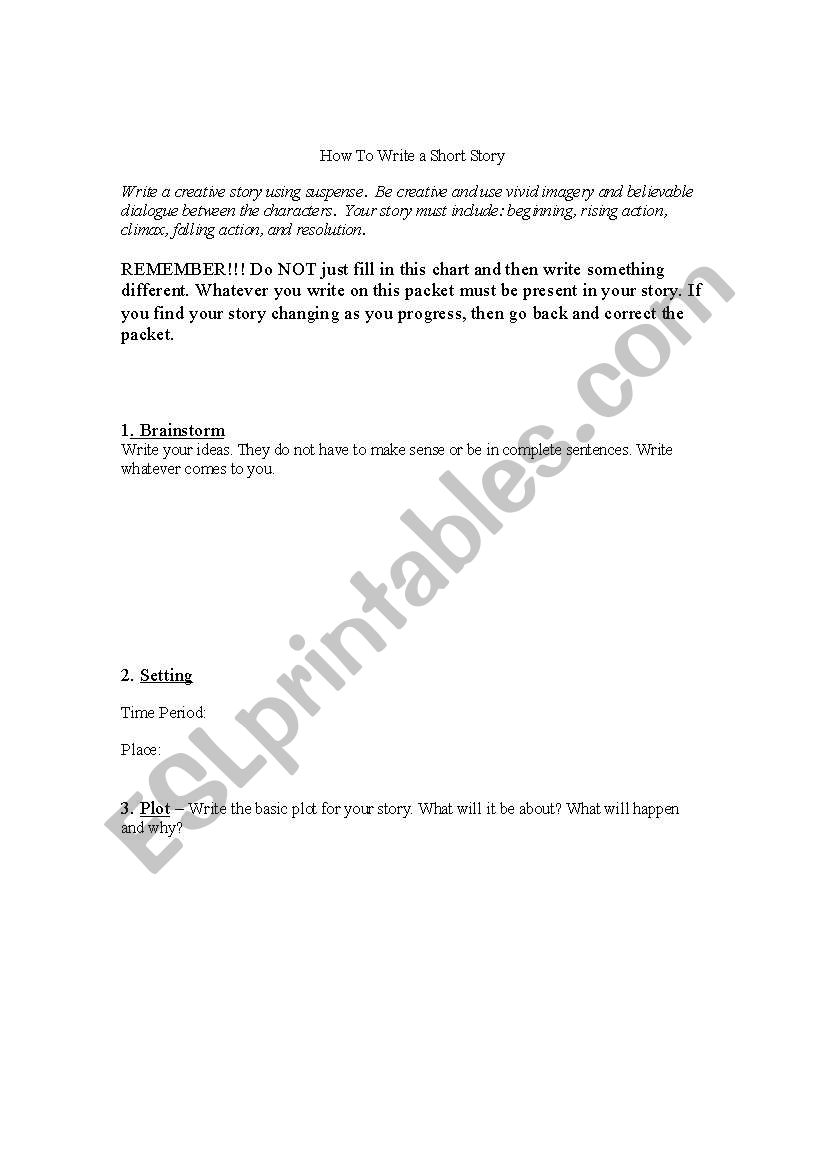 How To Write a Short Story worksheet
