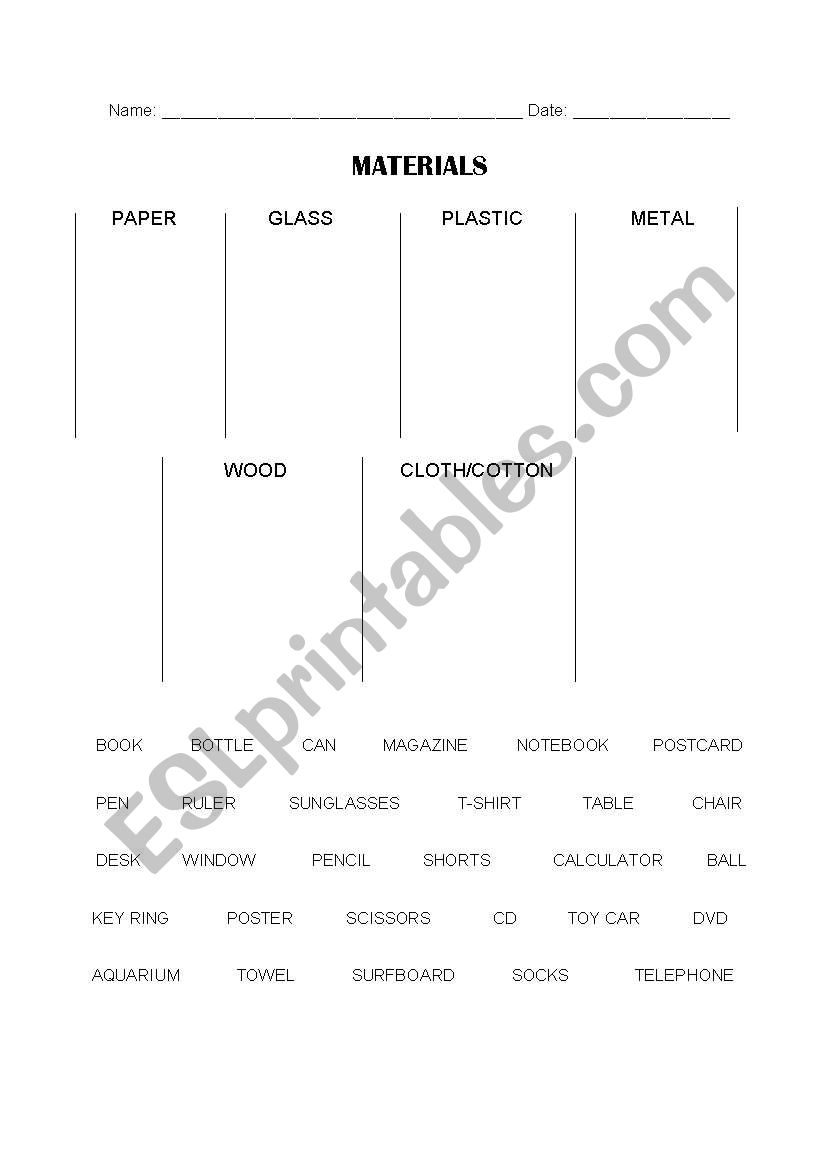 Materials worksheet