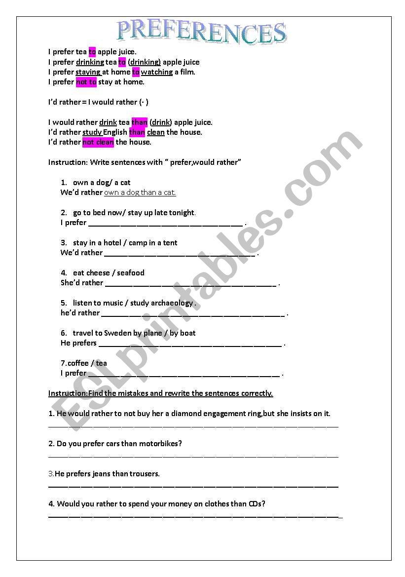 preferences worksheet