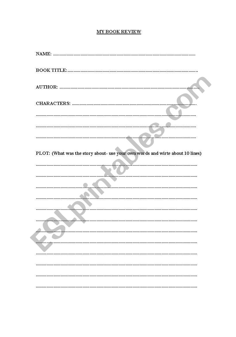 Book Review Template worksheet