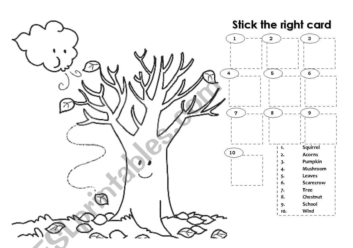 Autumn - stick the right card worksheet