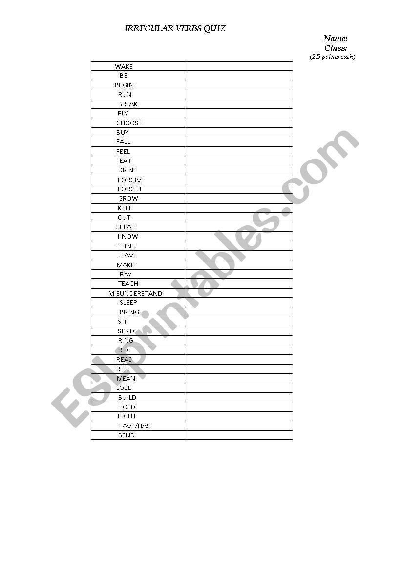 IRREGULAR VERBS QUIZ worksheet