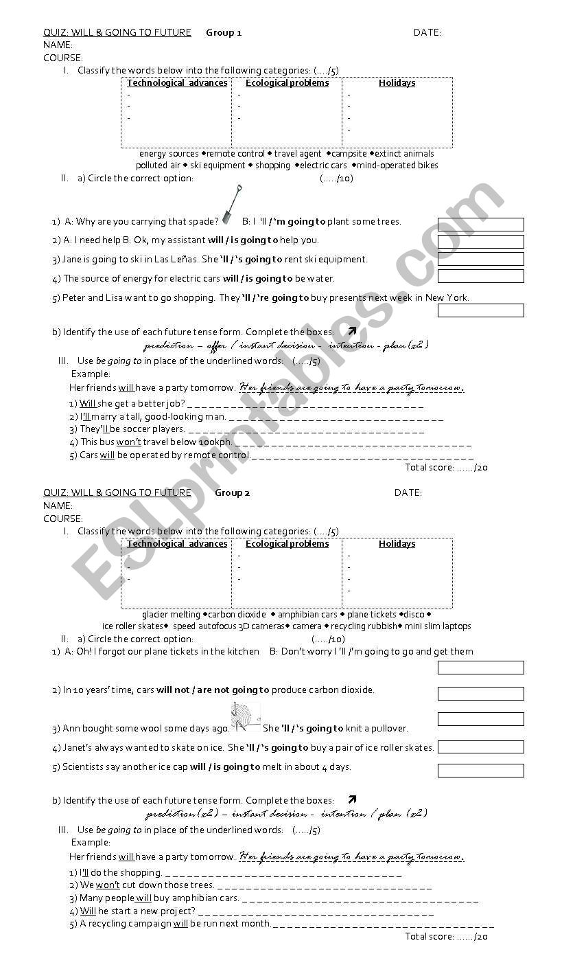 Quiz -Will & Going to worksheet